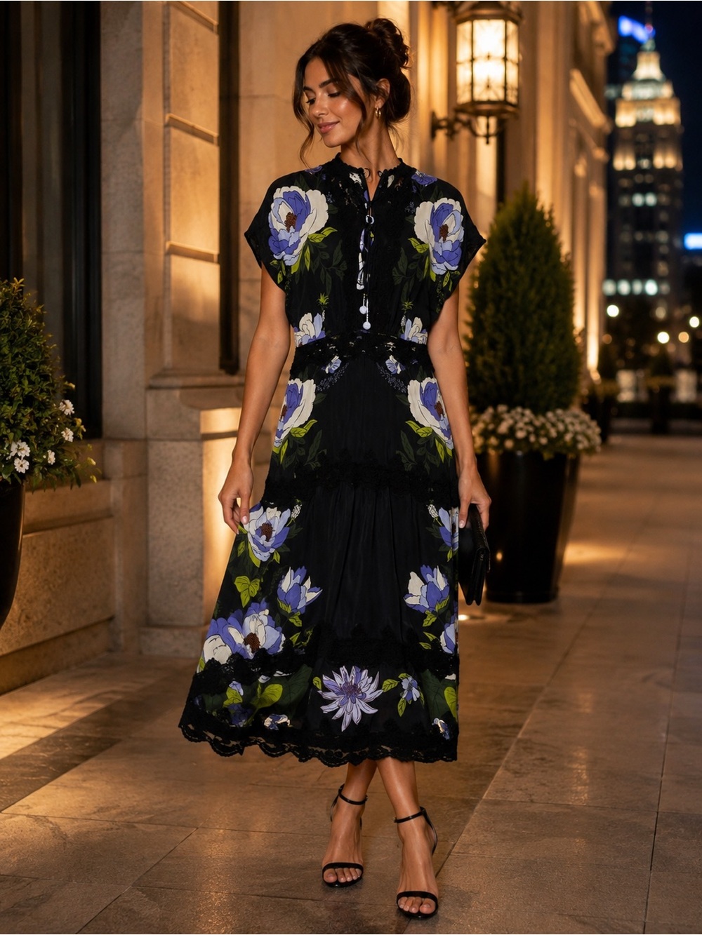 FARM Rio Black Maxi Dress with Lavender and Green Floral Print